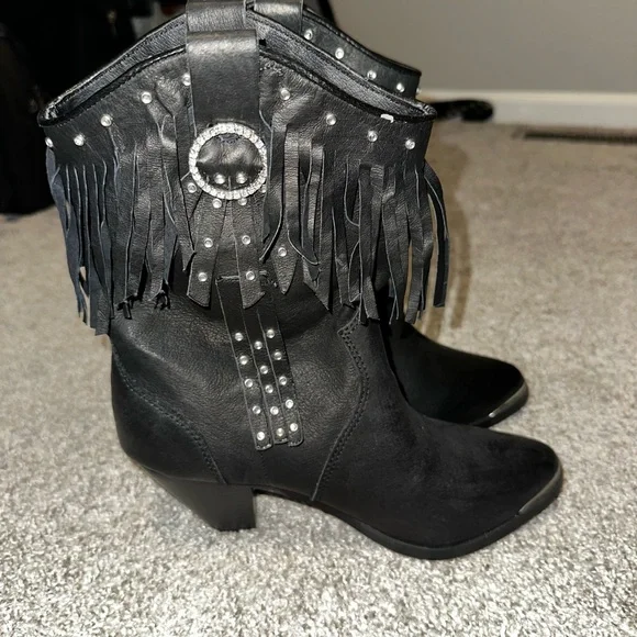 Santa Fe Boot Co Black Rhinestones Fringe Heeled Boots Size 8M - Picture 5 of 10
